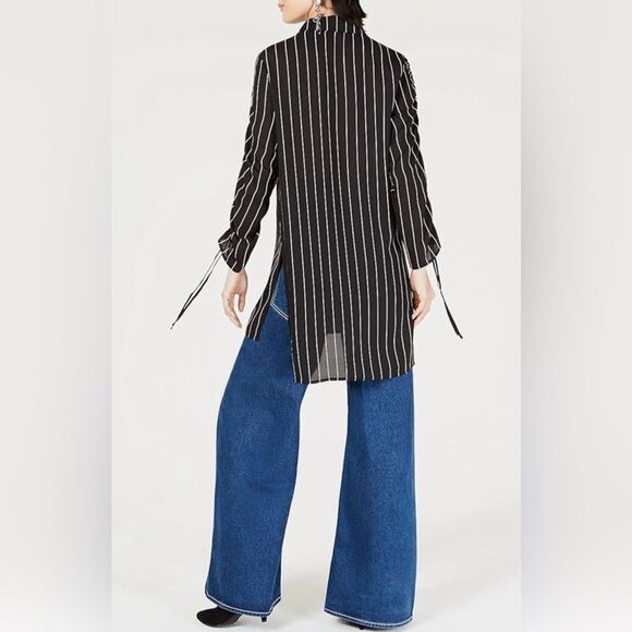 Bar II Women's Pinstripe Button Up Tunic. Ruched tie sleeves, High- to Tunic. - Picture 3 of 6